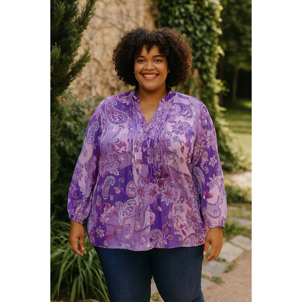 Susan Graver Purple‎ Paisley Sheer Chiffon Pintuck V-Neck Tunic Blouse XL